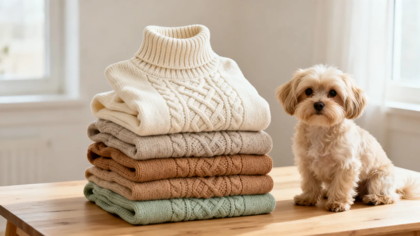 Illustration (AI-generated): folded knitted dog sweaters in neutral tones beside a small dog